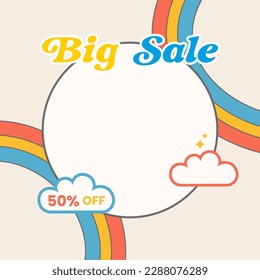 Social media post template in retro design style. Feed template with big sale text.