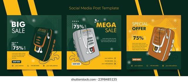 Social media post template with retro music player and green yellow background for shop advertising