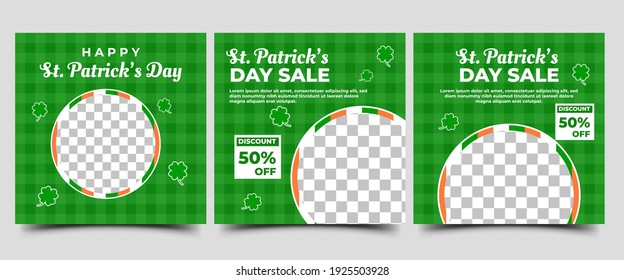 Social media post template for Saint Patrick's day. Stripe green background with clover decoration. Flat design vector with photo collage. Usable for social media, flyers, banners, and web internet ad