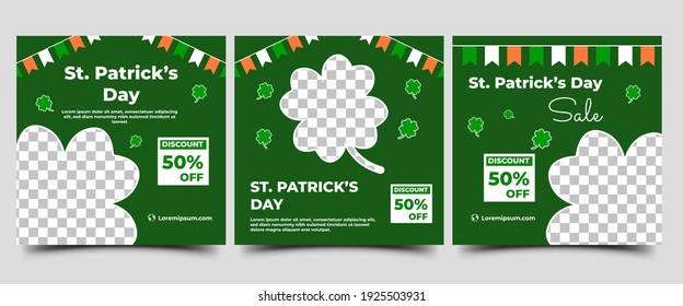 Social media post template for Saint Patrick's day. Stripe green background with clover decoration. Flat design vector with photo collage. Usable for social media, flyers, banners, and web internet ad