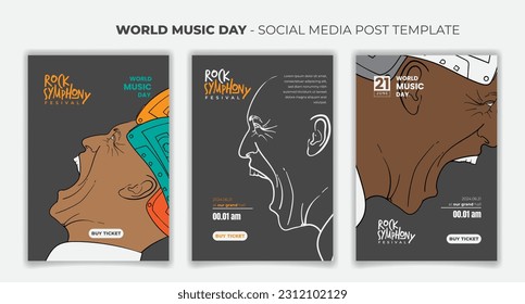 Social media post template with screaming man and cassette on his head for music day campaign design