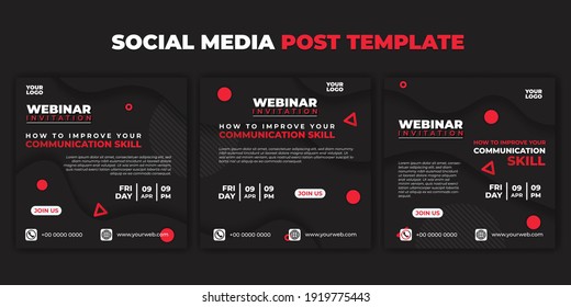 Vorlage für Social-Media-Beiträge. Set von Social Media dunkle Flüssigkeit Konzept Design. Webinar Einladungsbanner mit leuchtend roten und weißen Farben im Dunkeln.
