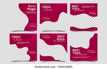 Social media post template set for yoga promotion content. Red background with a photo collage. Vector design illustration. Usable for social media, flyers, banners, and web internet ads.