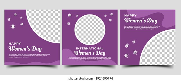 Social media post template set for international women's day. Purple color scheme banner. Flat design vector with a photo collage. Usable for social media, flyers, banners, and web internet.