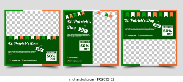 Social media post template set for Saint Patrick's day sale. Flat design vector with photo collage. Suitable for social media, flyers, banners, and web internet ads.