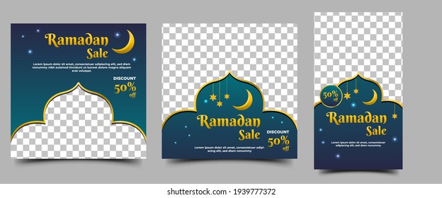 Social media post template set for Ramadan. Promotion banner design with moon and stars illustration. Usable for social media post, stories, flyers, and web. Vector design with place for the photo.