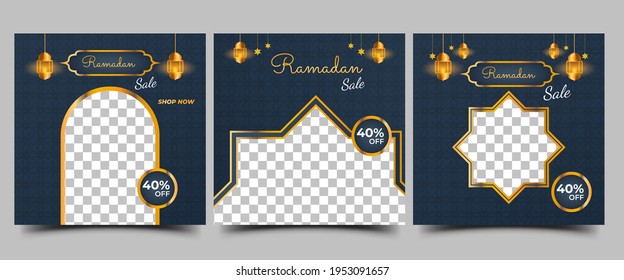 Social media post template set for Ramadan. Promotion banner design with moon and stars illustration. Usable for social media post, flyers, and web. Vector design with place for the photo.