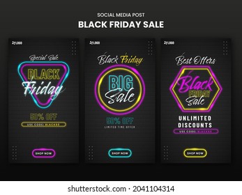 Social Media Post Or Template Set With Best Discount Offer For Black Friday Sale.