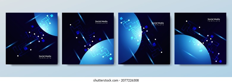 Social media post template set with tech background. Space network communication in the global computer networks. Internet technology. Business. Science. Vector illustration