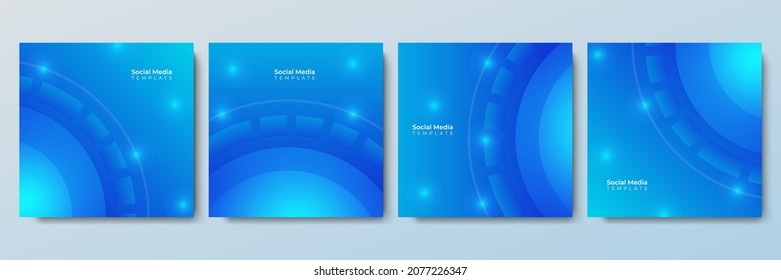 Social Media Post Template Set With Tech Background In Blue Color. Internet Technology. Business. Science. Vector Illustration