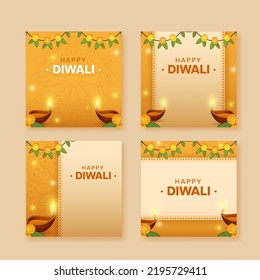 Social Media Post Or Template Set With Lit Oil Lamps (Diya) And Floral Garland (Toran) On Yellow Background For Diwali Celebration. 