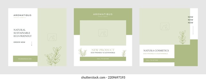 Social media post template set in pastel green with leafs and floral elements.Vector for sustainable, eco, natural and bio brands of beauty, fashion, cosmetics, jewelry and makeup.