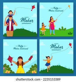 Social Media Post Or Template Set With Faceless Indian People Flying Kites On The Occasion Of Happy Makar Sankranti.