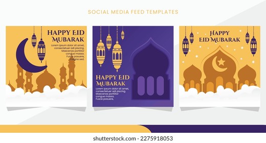 Social Media-Post-Template für Feed eid mubarak Gruß gesetzt. Werbebanner-Design mit Laternengrafik und islamischem Muster. Für Social Media, Flyer und Web-Werbung geeignet. eps10.