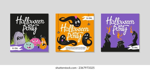 Social media Post template set. Halloween holidays square templates. Halloween party, sale and social media post. Vector illustration for mobile apps, banner design and web internet ads.