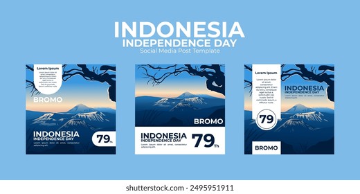 Social Media Post Template Set For Indonesia Independence Day with Sunrise of Mount Bromo Background and Tree Foreground.