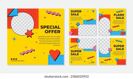 Social media post template set for promotion sale with retro vibes element 90s colorful retro template