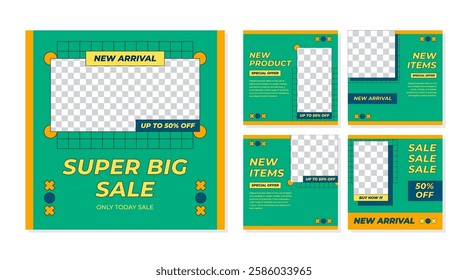 Social media post template set for promotion sale with retro vibes element 90s retro template