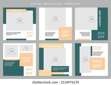 Social media post template. Six editable page or banner, fit for all sale promotion, minimalist concept with moss green and sand color theme.