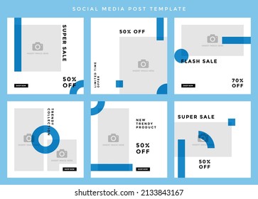 Social media post template. Six editable page or banner, fit for all sale promotion, minimalist concept with sky blue and white color theme.