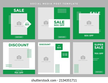 Social media post template. Six editable page or banner, fit for all sale promotion, minimalist concept with grass green and white color theme.