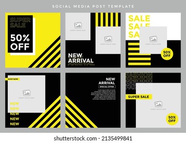Social media post template. Six editable page or banner, fit for all sale promotion, minimalist hypebeast concept with yellow and black color theme.
