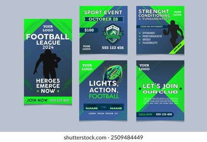 social media post template for sport, amercian football league, neon green and blue