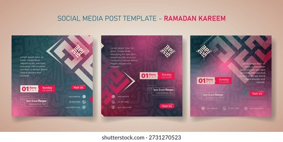 Vorlage für Social Media-Beiträge auf quadratisch rosa und grünem Hintergrund im Farbverlauf-Design für Radan Kareem. Islamischer Hintergrund in grünrosa Farbverlauf-Design