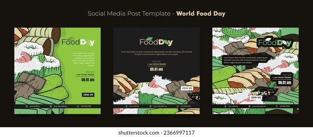 Social media post template with traditional cake in doodle art background for world food day design