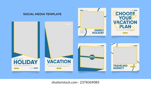 social media post template for travel holiday tourism marketing and sale promo. tour advertising. banner offer. promotional mockup photo vector frame illustration