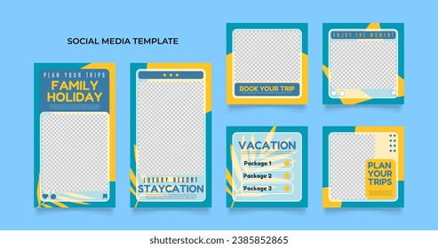 plantilla de publicación en medios sociales para viajes de vacaciones de marketing y promoción de venta. publicidad turística. oferta de banner. ilustración de cuadro del vector de fotografía de simulación promocional