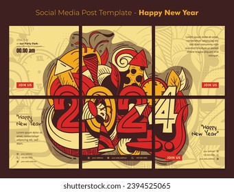 Social media post template with typography number of 2024 and doodle art for new year party design
