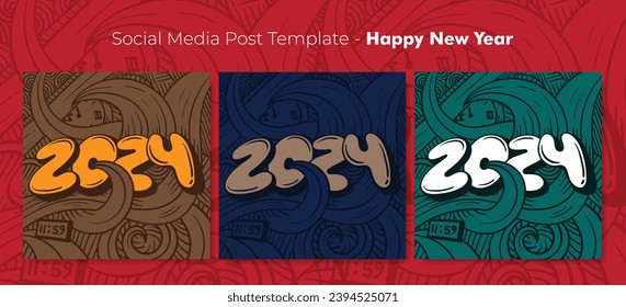 Social media post template with typography number in doodle art design for new year party design