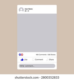Social media post template with user profile icon, placeholder for image, reaction icons, comment and share buttons on a neutral background