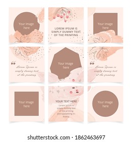 Social media post template vector set. Social networks post layouts. Square puzzle feed. Trendy abstract watercolor backgrounds in soft peach color with pastel pink brush strokes for web banners