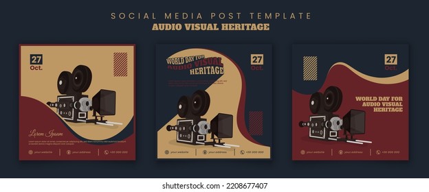 Plantilla de publicación en medios sociales con diseño de cámara de video y diseño de fondo rojo azul amarillo vintage