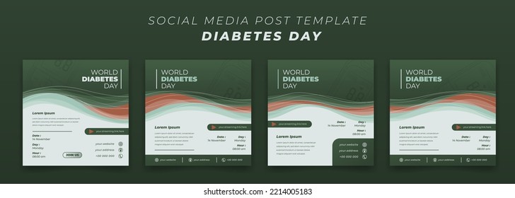 Plantilla de publicación en medios sociales con fondo de ondulación verde y naranja blanco para el diseño del día mundial de la diabetes