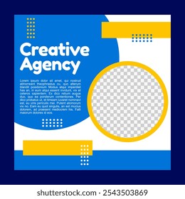 social media post template with white, blue and yellow colors for business promotion.