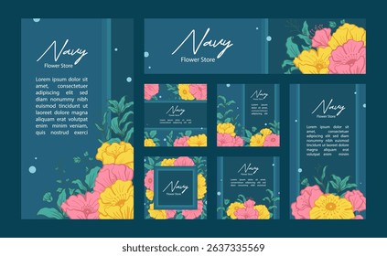 Social media post template with wild flower ornament line art style with navy colors