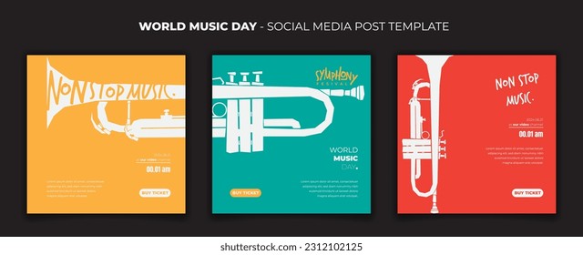 social media post template for world music day design with trombone in flat design