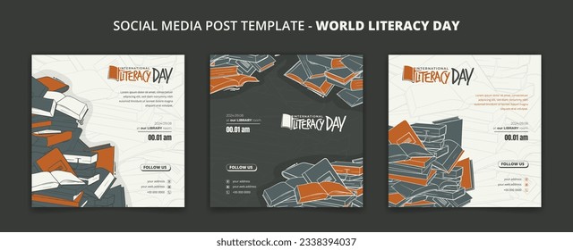 Social media post template for world literacy day with book background design