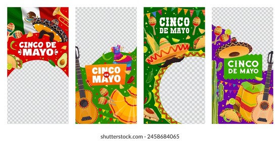 Social media post templates, Cinco de mayo Mexican holiday. Vector vertical banners or frames, capture the festive spirit and cultural pride of Mexico, with national flag, sombrero, mustaches and food