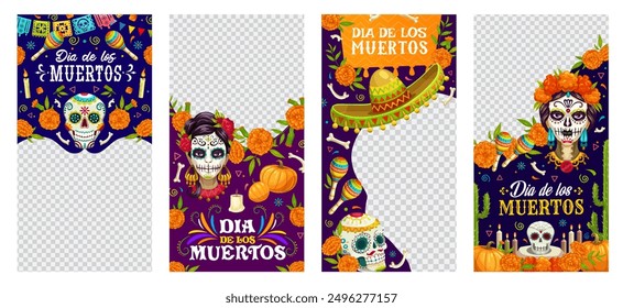 Social media post templates, Day of the Dead mexican holiday frames with marigold flowers and calavera sugar skulls. Mexico Halloween vector social media banners of cartoon skulls, sombrero, maracas