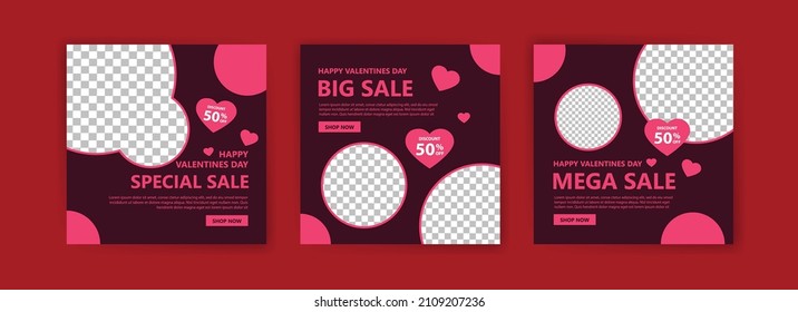 Social Media Post Templates For Digital Marketing And Sales Promotion On Valentine's Day. Fashion Advertising. Offer Social Media Banners. Vector Photo Frame Mockup Illustration