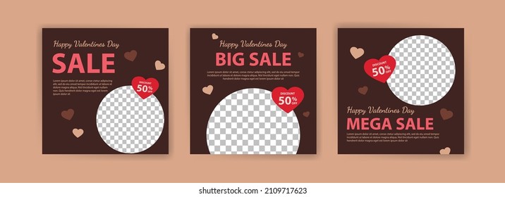 Social Media Post Templates For Digital Marketing And Sales Promotion On Valentine's Day. Fashion Advertising. Offer Social Media Banners. Vector Photo Frame Mockup Illustration