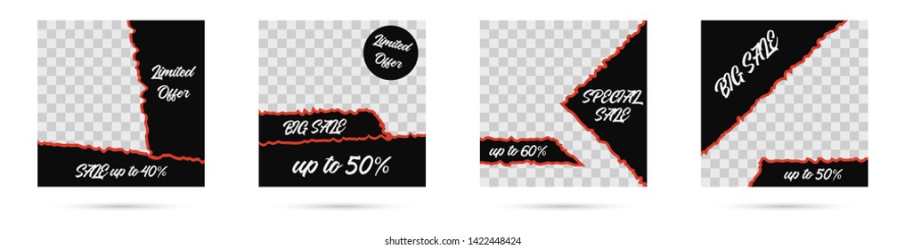 Social media post templates, editable media banners collection. Transparent checkered backgrounds. Modern promotion web templates for digital marketing.-Vector
