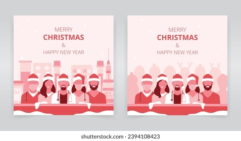 Social media post templates featuring a group of healthcare professionals, wishing you a merry christmas and happy new year