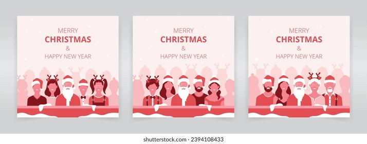 Social media post templates featuring santa claus, a group of children, parents, grandparents, or friends wishing you a merry christmas and happy new year