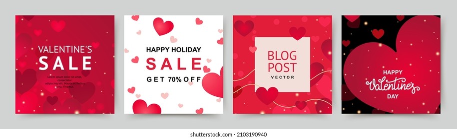 Social Media Post Templates With   Hearts. Sales Promotion On Valentine's Day.
Vector Background For Holidays Greeting Card, Mobile Apps, Banner Design And Web 