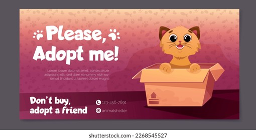 Social media post templates with pet adoption promotion. Adopt me banner with cute cats in box, little kittens and paw print patterns. Vector cartoon illustration for flyer design, web pages.